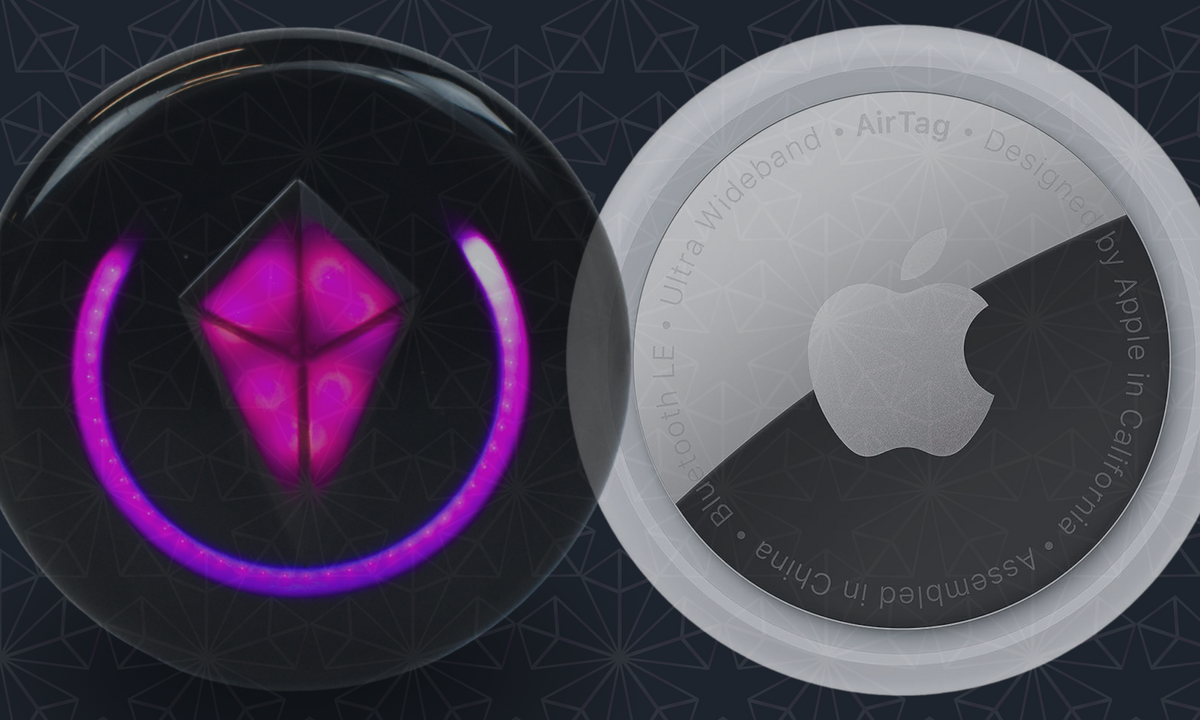 Side-by-side close-up of a Totem Compass with a glowing pink crystal and an Apple AirTag