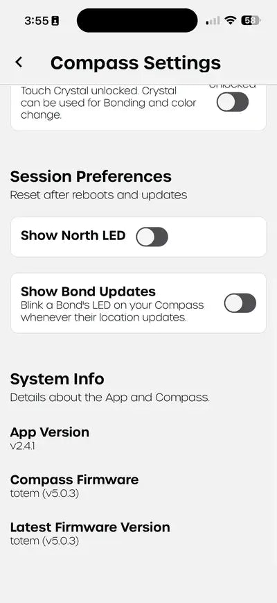 Totem Compass App: session preferences and system info