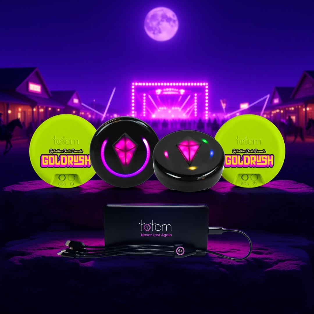 Product render: two Totem Compasses, two neon yellow Goldrush Skins and a Totem Power Pal in front of a stylized Western town and stage at night