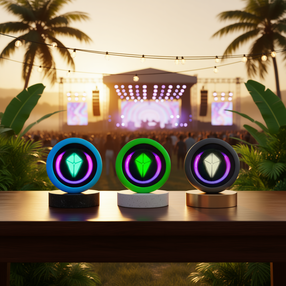 AI-generated image: three Totem Compasses in blue, green and black Skins on stone pedestals in front of a festival stage at sunset