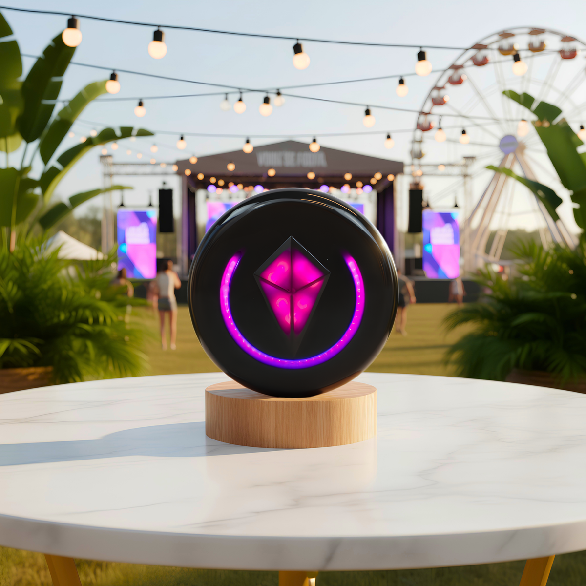 Product render of a Totem Compass on a wooden stand, its crystal glowing pink, with a Ferris wheel and festival stage in the background