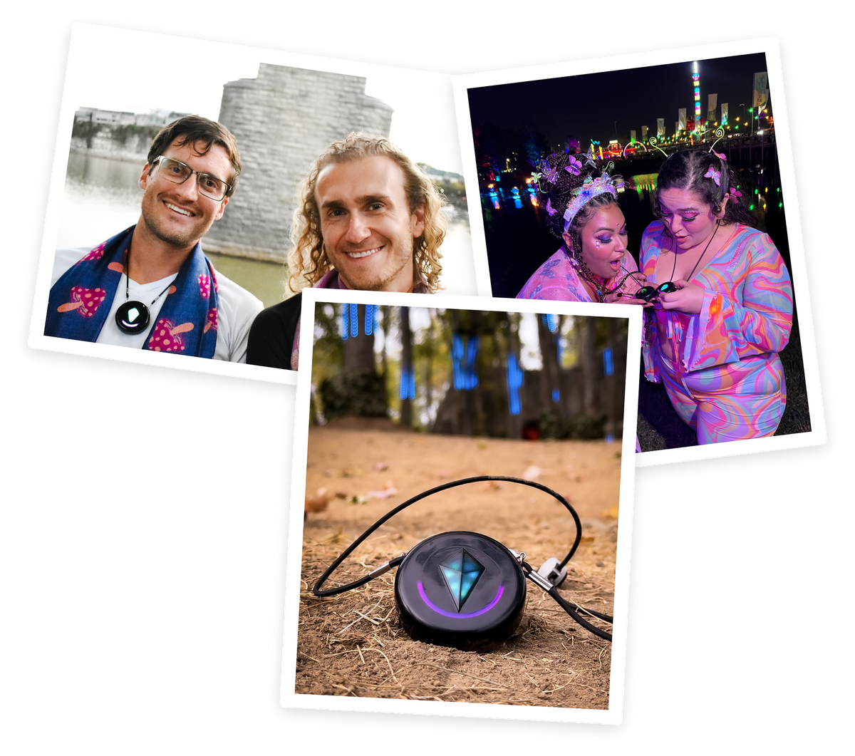 A stack of Totem press photos: the Compass, festival-goers wearing it, and the founders