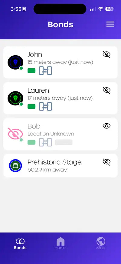 Totem Compass App: Bonds list with distances