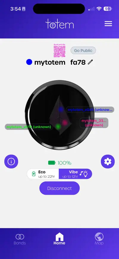 Totem Compass App: home screen with friends collected in the Crystal