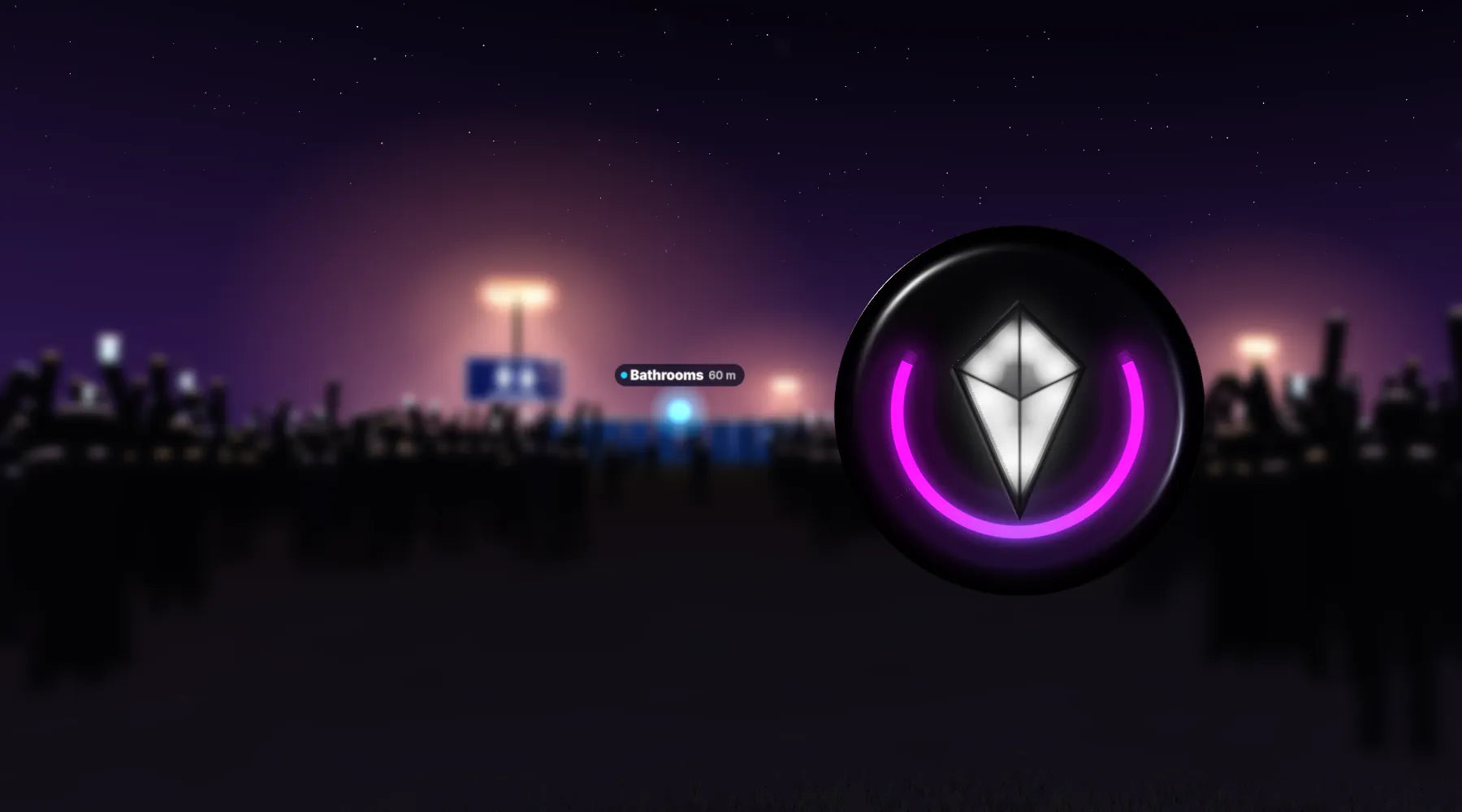 Totem Compass hanging in front of a crowd at night, its Ring lit, with friends' beacons in the crowd